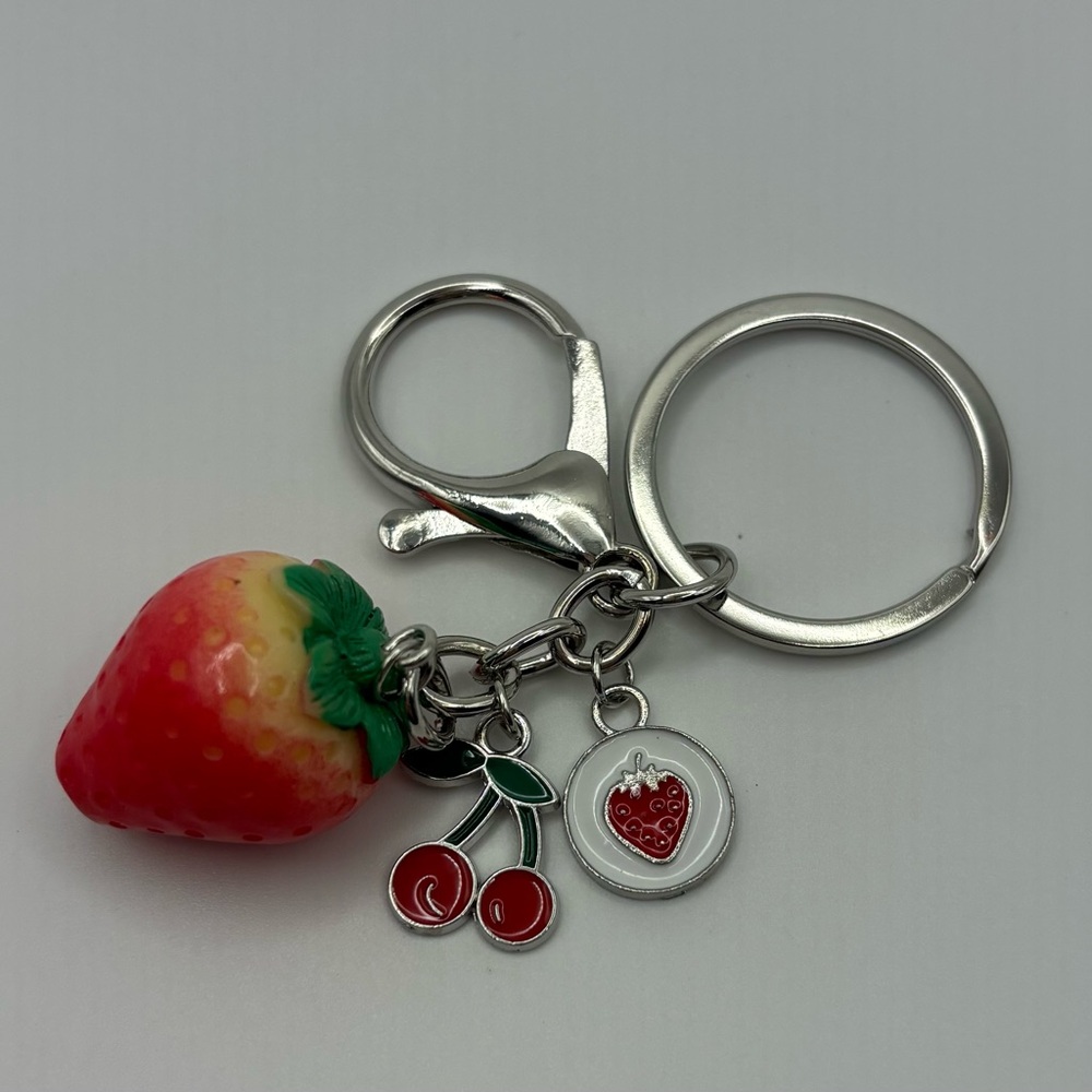 Strawberry & Cherry Bag Charm Keychain Silver tone